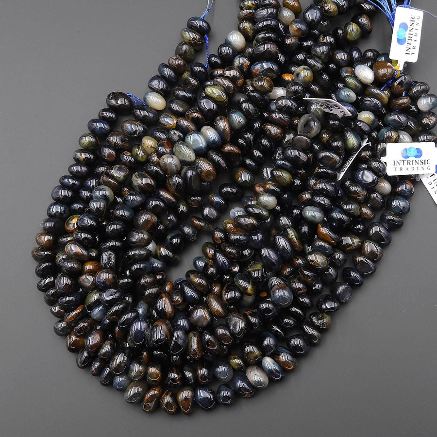 Chunky Natural Blue Tiger's Eye Freeform Rondelle Disc Center Dilled Beads 15.5" Strand