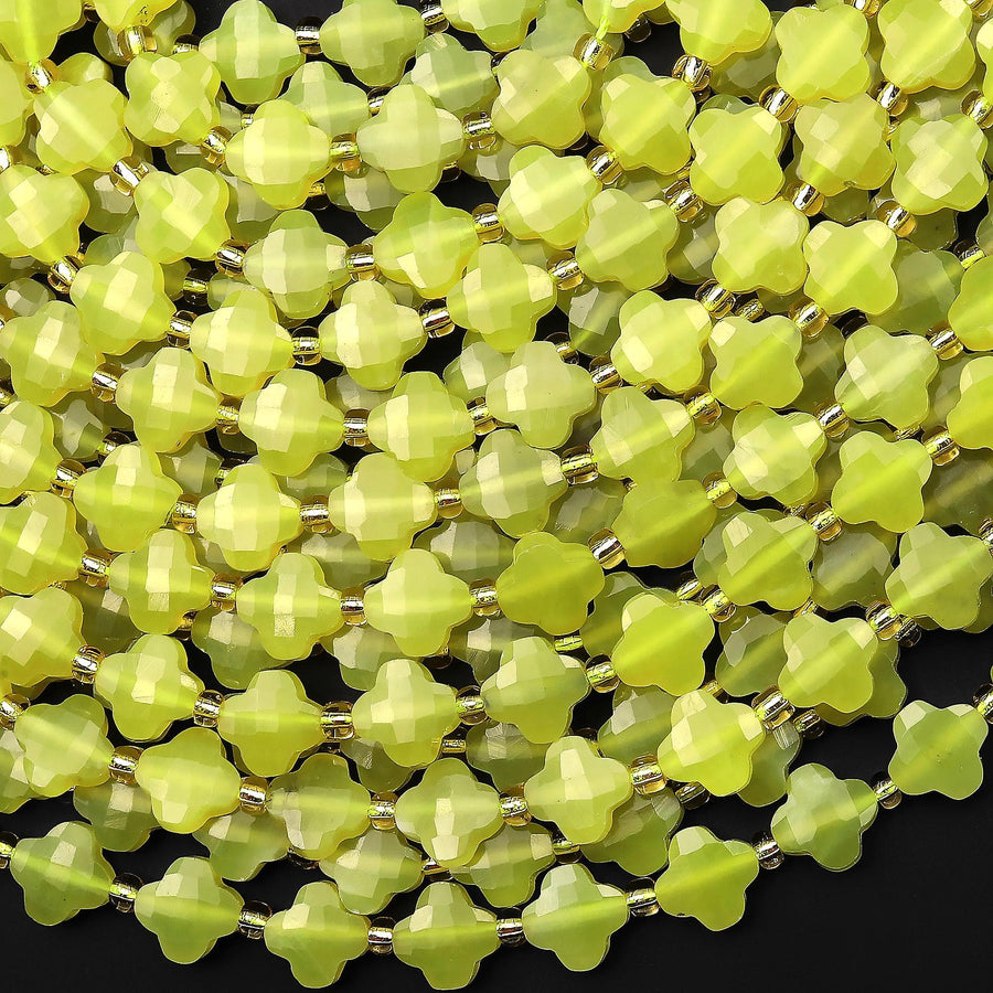 4 Four Leaf Clover Beads Natural Chartreuse Jade Carved Faceted 8mm Flower Gemstone 15.5" Strand