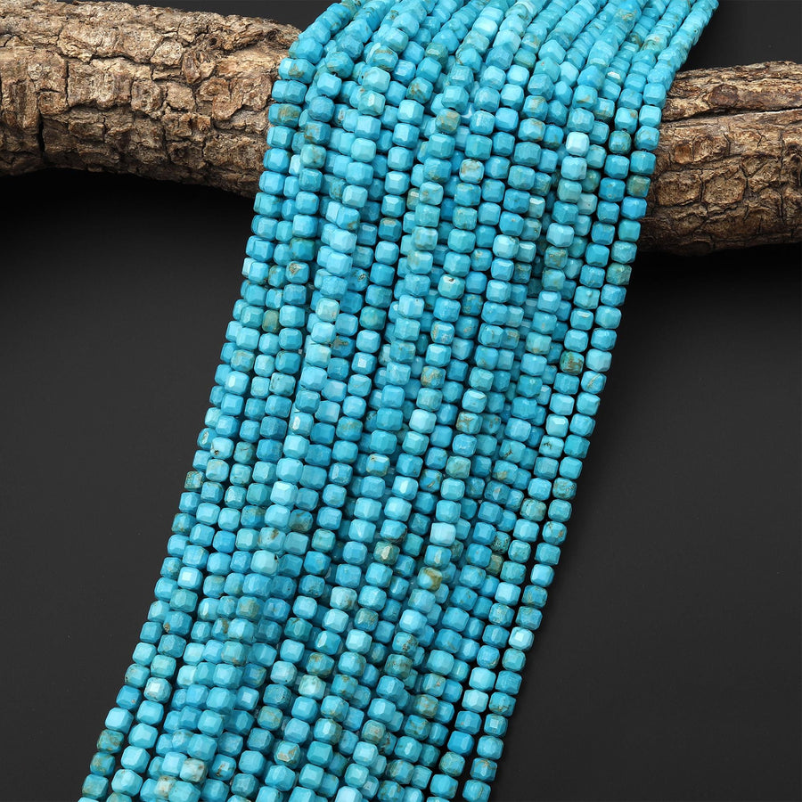 Faceted Blue Turquoise Jasper 4mm Cube Beads Aka Dyed Sleeping Beauty 15.5" Strand