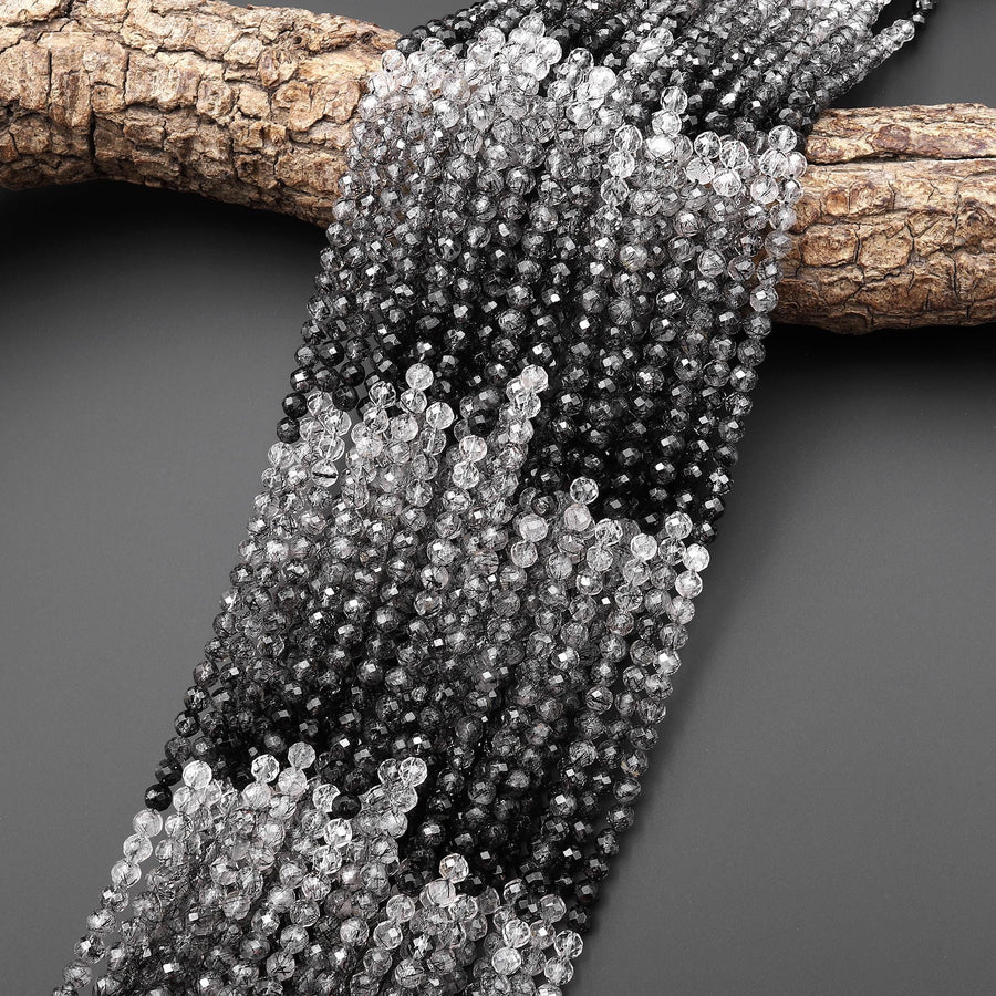 AAA Faceted Natural Black Tourmaline Rutile Quartz 4mm Round Beads Ombre Gemstone 15.5" Strand