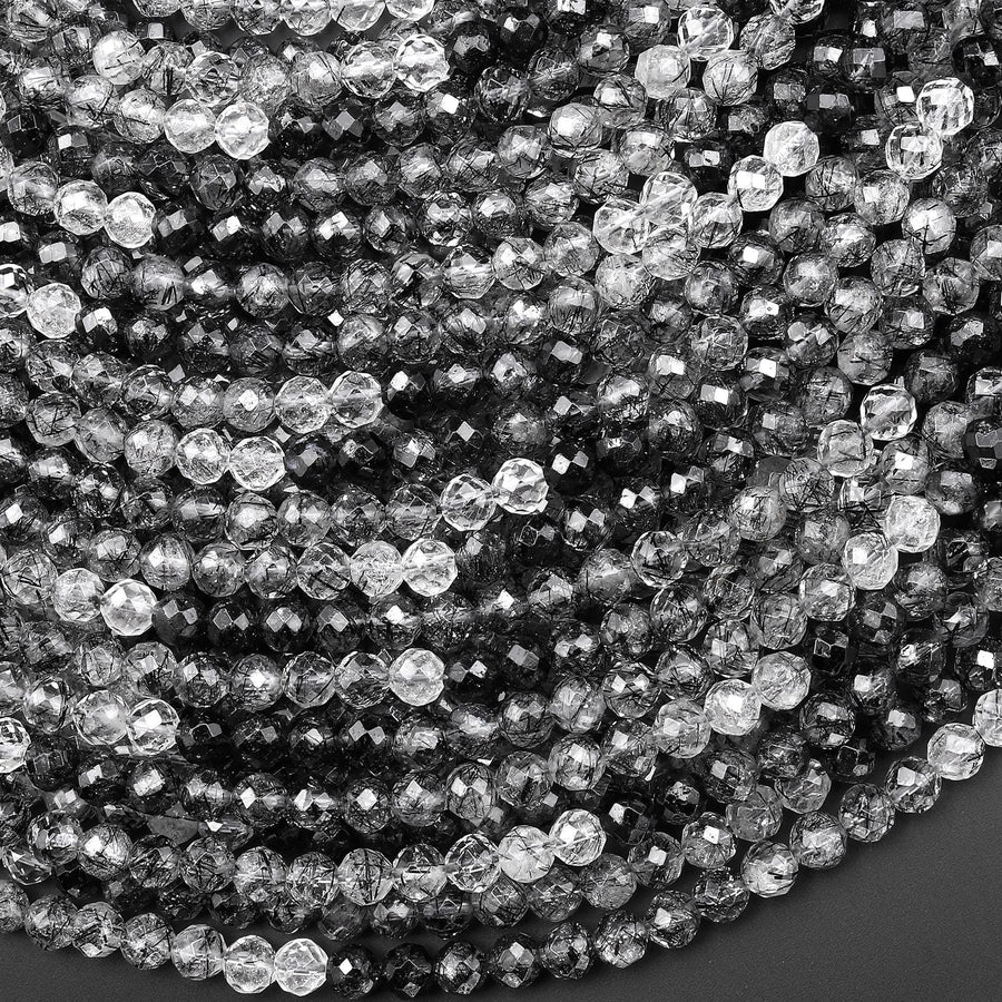 AAA Faceted Natural Black Tourmaline Rutile Quartz 4mm Round Beads Ombre Gemstone 15.5" Strand