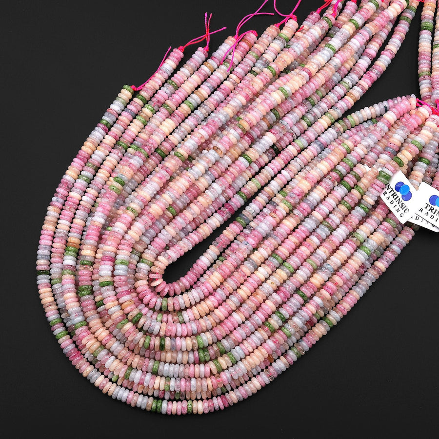 Spring Pastel Harmony Mix - Multi-Color Gemstone 6mm Thin Smooth Rondelle Quartz Jade Green Peach Pink Beads 15.5" Strand