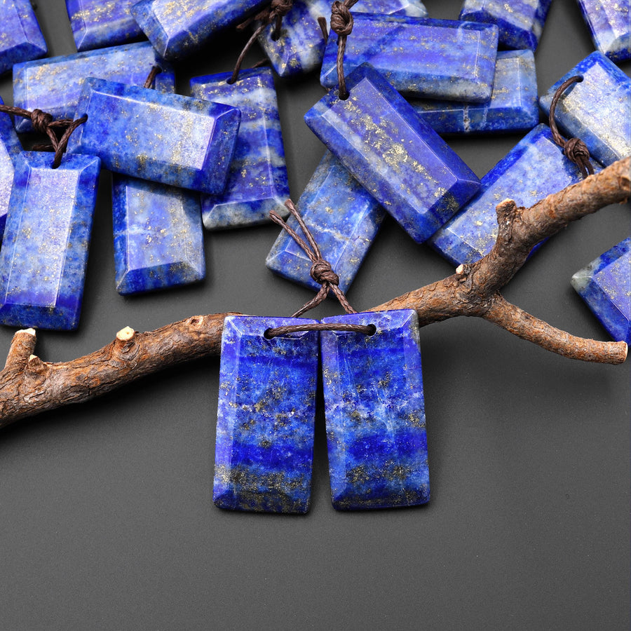Natural Blue Lapis Earring Pair Faceted Rectangle Tile Matched Gemstone Beads A1