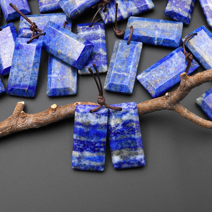 Natural Blue Lapis Earring Pair Faceted Rectangle Tile Matched Gemstone Beads A2