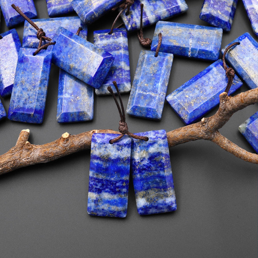 Natural Blue Lapis Earring Pair Faceted Rectangle Tile Matched Gemstone Beads