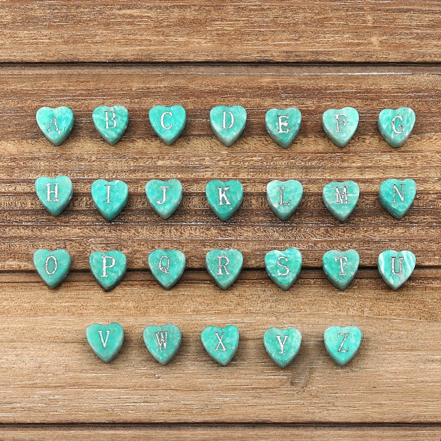 AAA Laser Engraved Drilled Natural Peruvian Sea Blue Green Amazonite Heart Beads 8mm Choose from 26 Alphabet Letters Name Initial