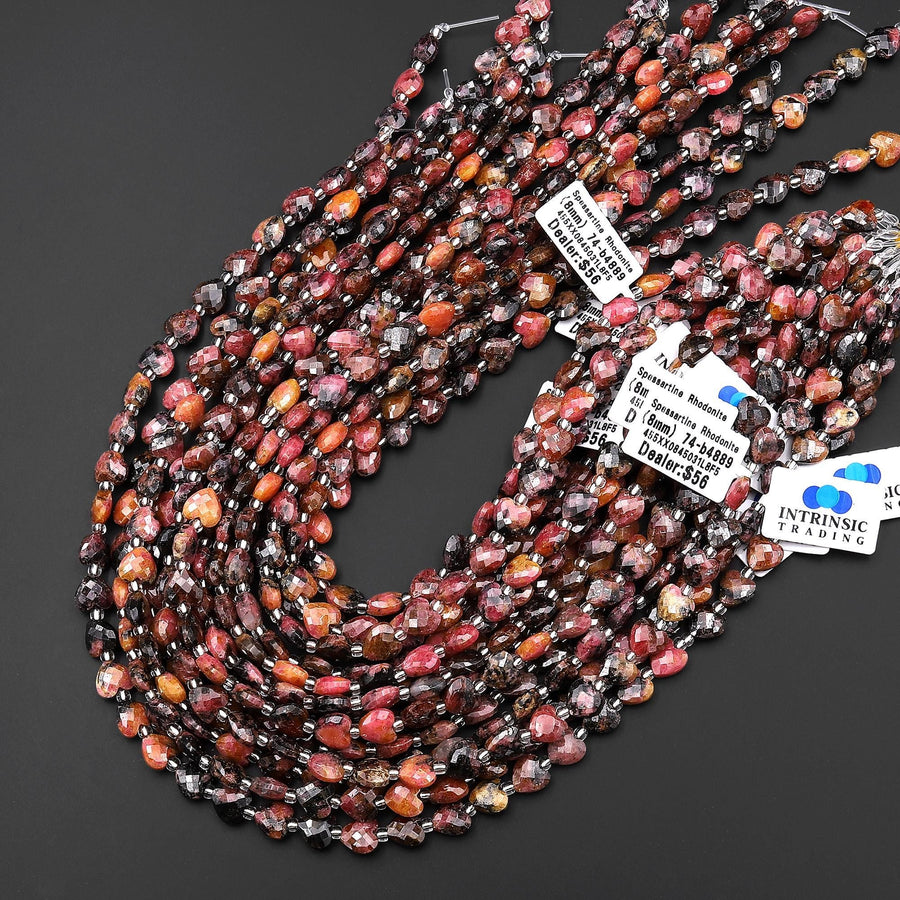 AAA Faceted Natural Spessartine Garnet in Rhodonite Beads 8mm Heart Gemstone 15.5" Strand