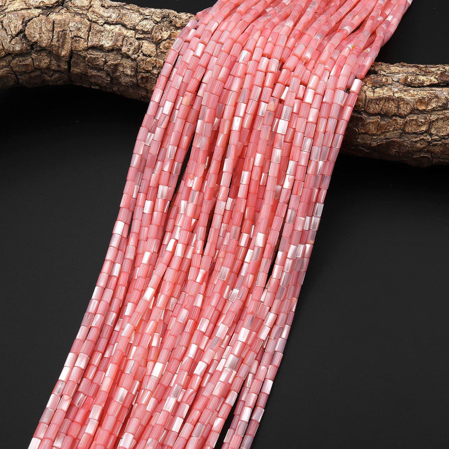 Iridescent Pink Mother of Pearl 3x5mm Tube Cylinder Beads 15.5" Strand