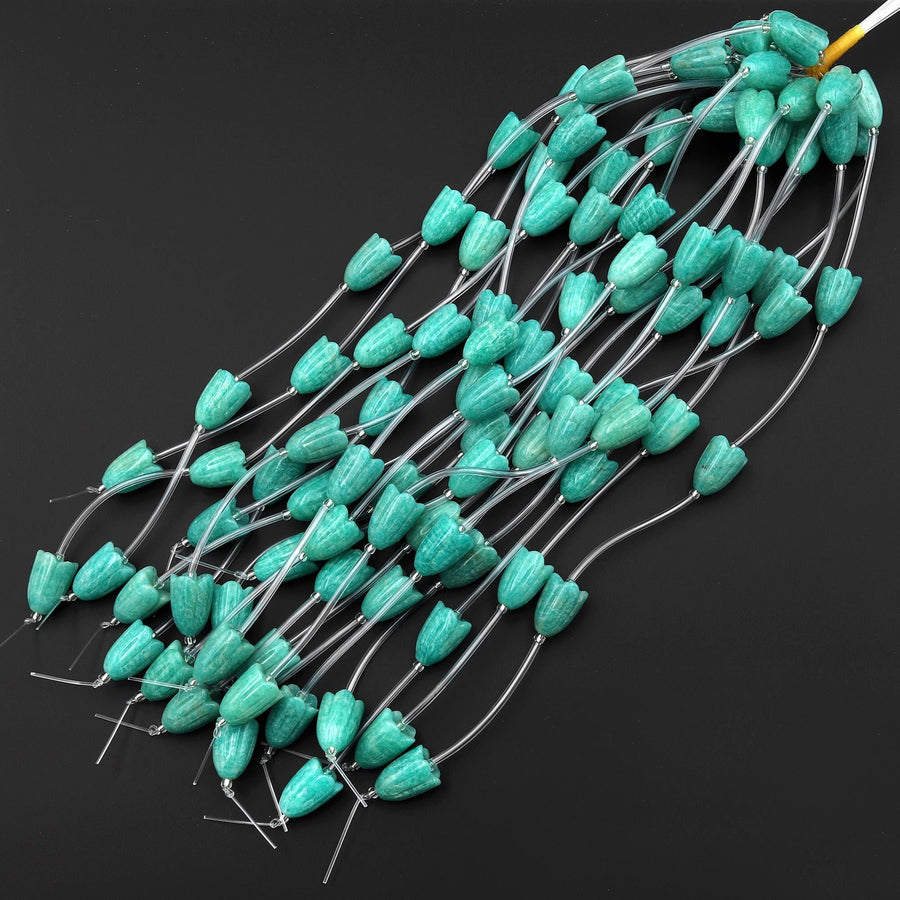 AAA Natural Peruvian Amazonite Hand Carved Tulip Lily Flower Vertically Drilled Gemstone 15mm Beads Strand