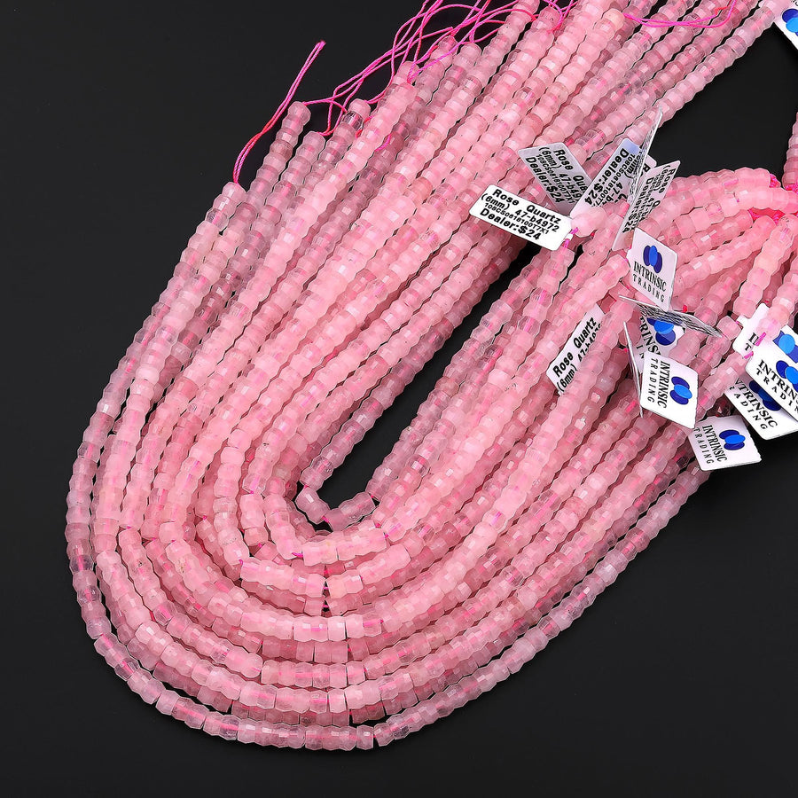 AAA Faceted Natural Pink Rose Quartz Heishi Rondelle Beads 6mm 15" Strand