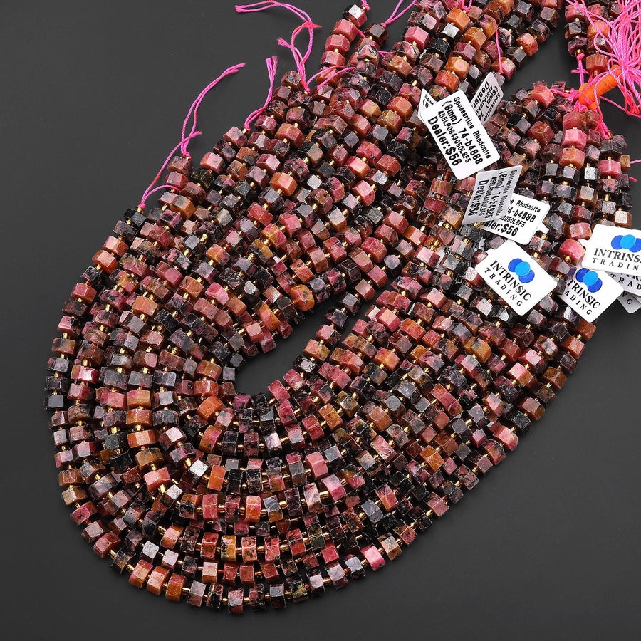 AAA Faceted Natural Spessartine Garnet in Rhodonite Beads 8mm hexagon Heishi Rondelle 15.5" Strand