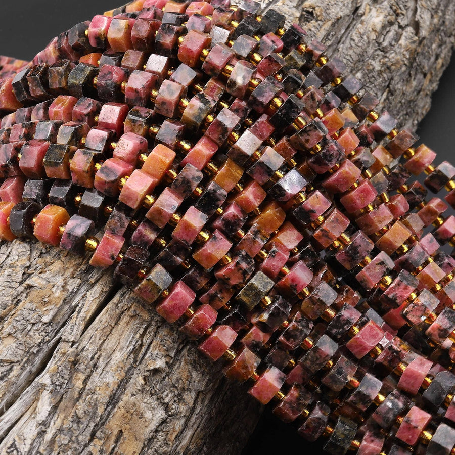 AAA Faceted Natural Spessartine Garnet in Rhodonite Beads 8mm hexagon Heishi Rondelle 15.5" Strand