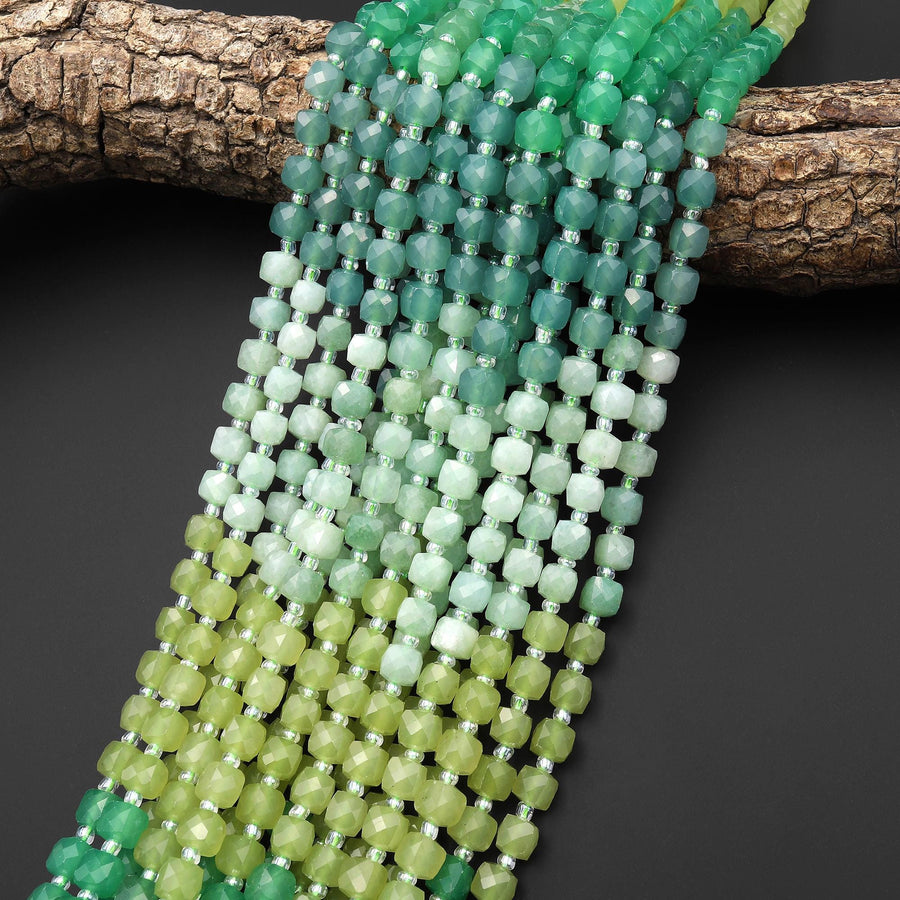 Whispering Canopy Jade Faceted 6mm Cube Beads Soothing Green Gemstone 15.5" Strand