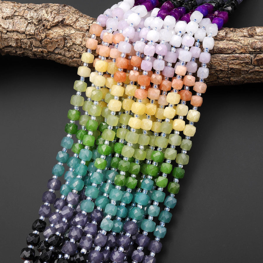 Twilight Meadow Jade Faceted 6mm Cube Beads Gemstone 15.5" Strand