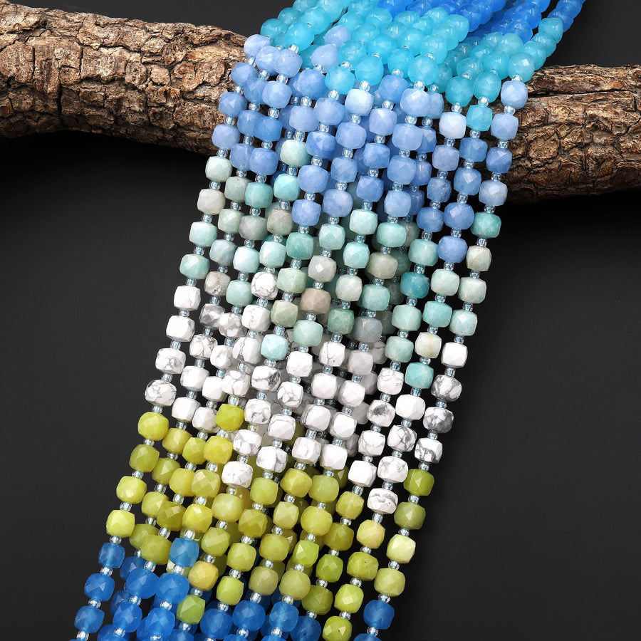 Coastal Breeze Jade Faceted 6mm Cube Beads Amazonite Howlite Gemstone 17.5" Strand