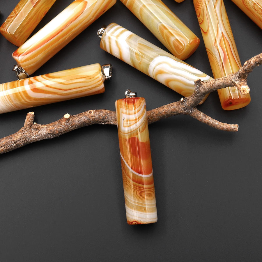 Natural Orange Yellow Carnelian Long Cylinder Pendant Natural Crystal Focal Bead A11