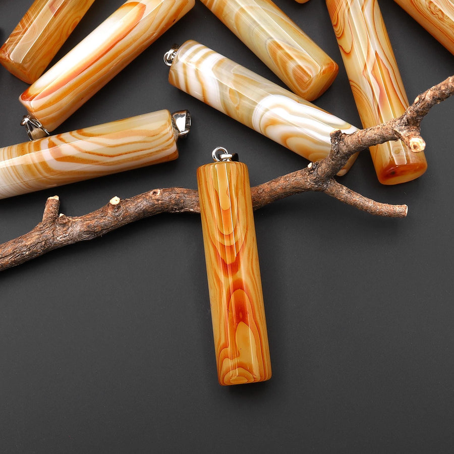 Natural Orange Yellow Carnelian Long Cylinder Pendant Natural Crystal Focal Bead A22
