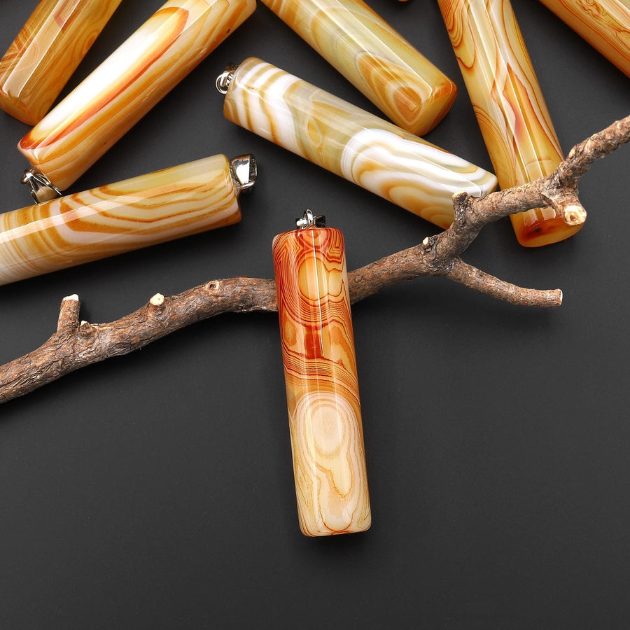 Natural Orange Yellow Carnelian Long Cylinder Pendant Natural Crystal Focal Bead A44