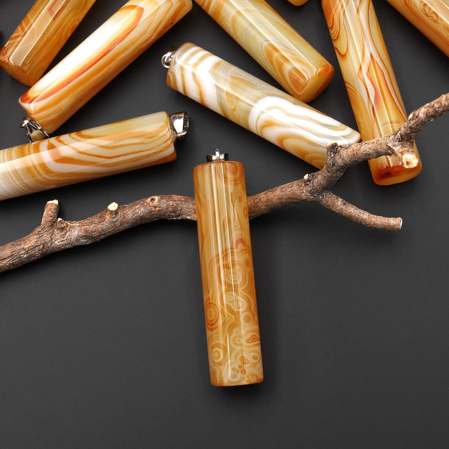 Natural Orange Yellow Carnelian Long Cylinder Pendant Natural Crystal Focal Bead A11
