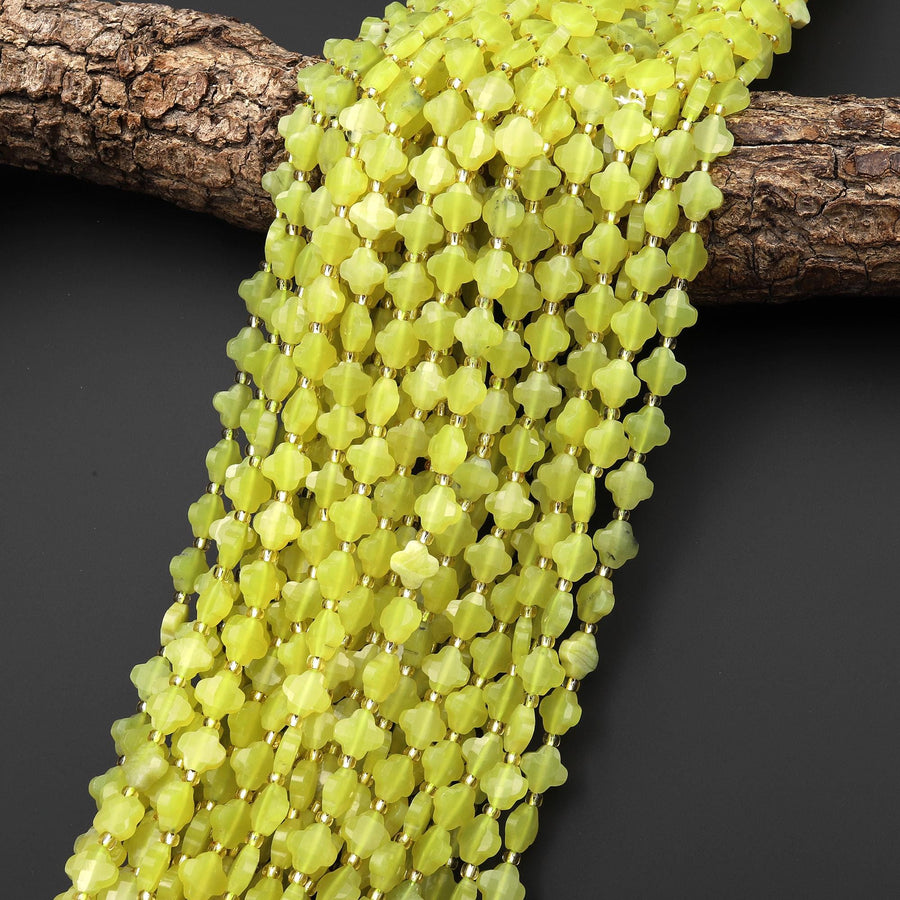 4 Four Leaf Clover Beads Natural Chartreuse Jade Carved Faceted 8mm Flower Gemstone 15.5" Strand