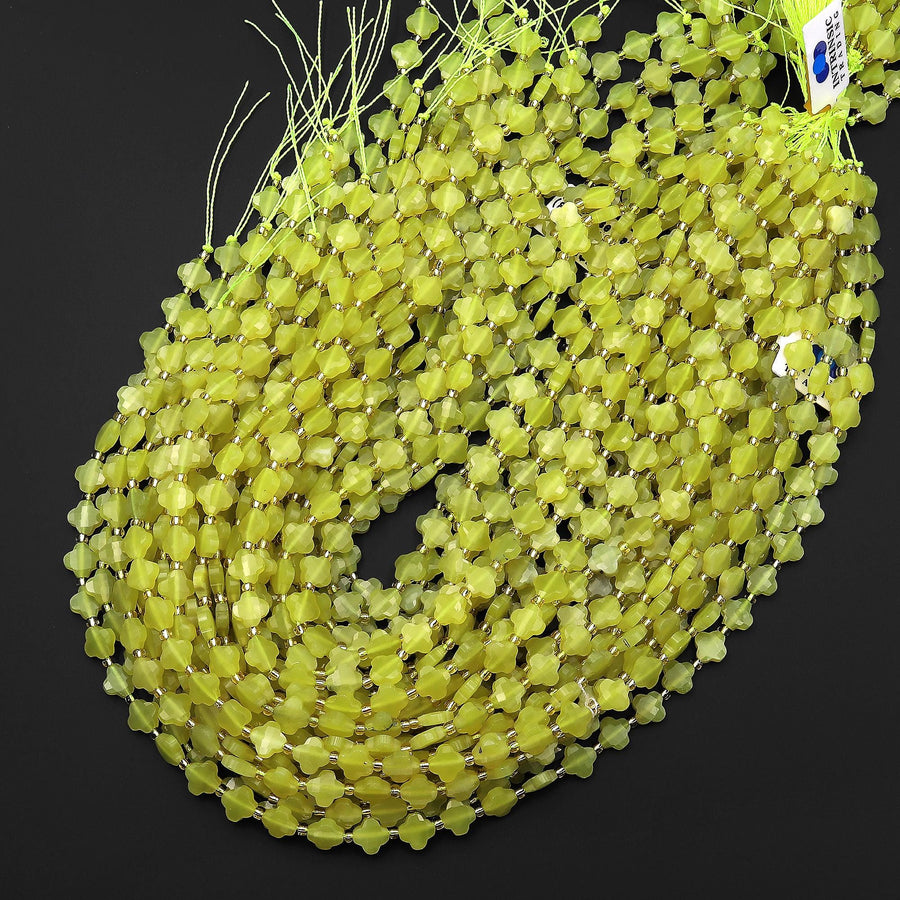 4 Four Leaf Clover Beads Natural Chartreuse Jade Carved Faceted 8mm Flower Gemstone 15.5" Strand