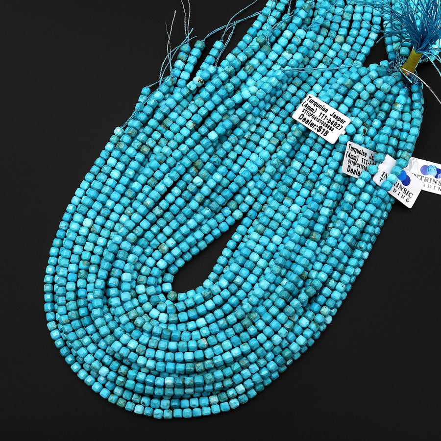 Faceted Blue Turquoise Jasper 4mm Cube Beads Aka Dyed Sleeping Beauty 15.5" Strand