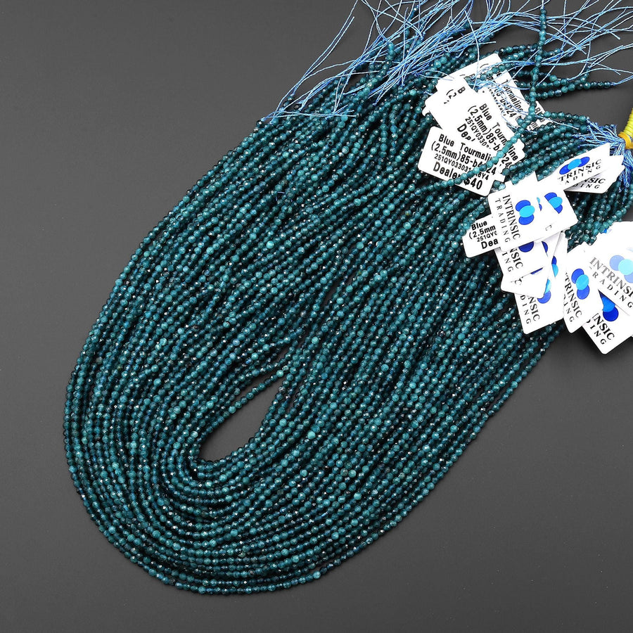 Natural Paraiba Blue Tourmaline Faceted 2mm 2.5mm Round Beads Indicolite Gemstone 15.5" Strand