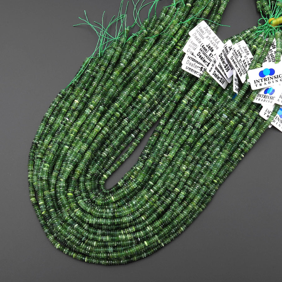AAA Faceted Natural Russian Jade 4mm Thin Rondelle Beads Green Gemstone 15.5" Strand