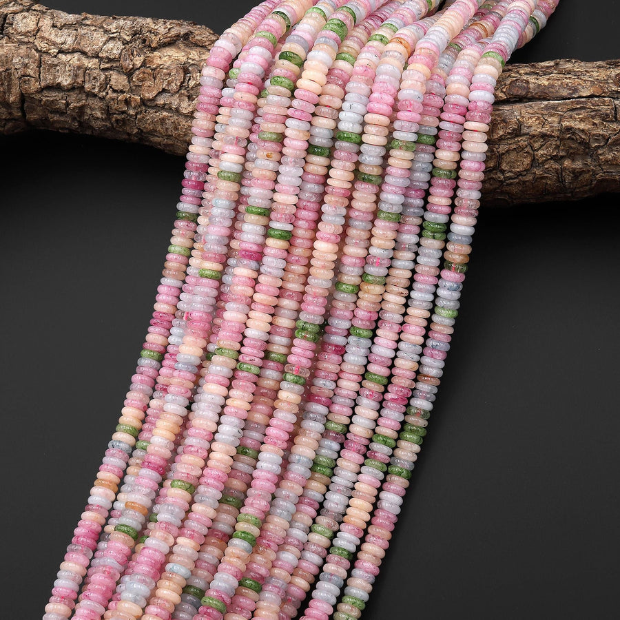 Spring Pastel Harmony Mix - Multi-Color Gemstone 6mm Thin Smooth Rondelle Quartz Jade Green Peach Pink Beads 15.5" Strand