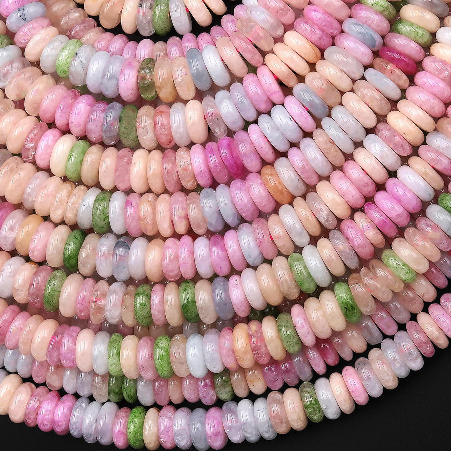 Spring Pastel Harmony Mix - Multi-Color Gemstone 6mm Thin Smooth Rondelle Quartz Jade Green Peach Pink Beads 15.5" Strand