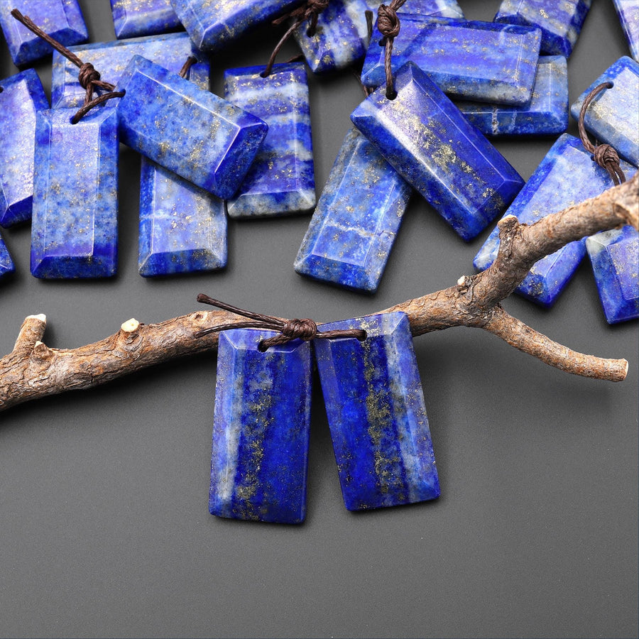 Natural Blue Lapis Earring Pair Faceted Rectangle Tile Matched Gemstone Beads A3
