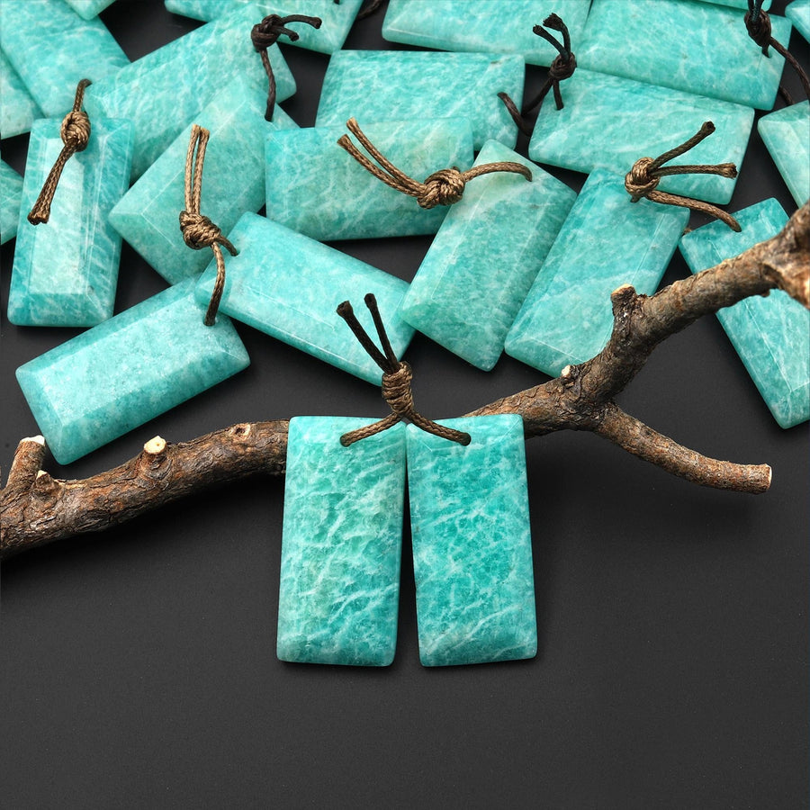 Natural Peruvian Amazonite Earring Pair Faceted Rectangle Tile Matched Gemstone Beads