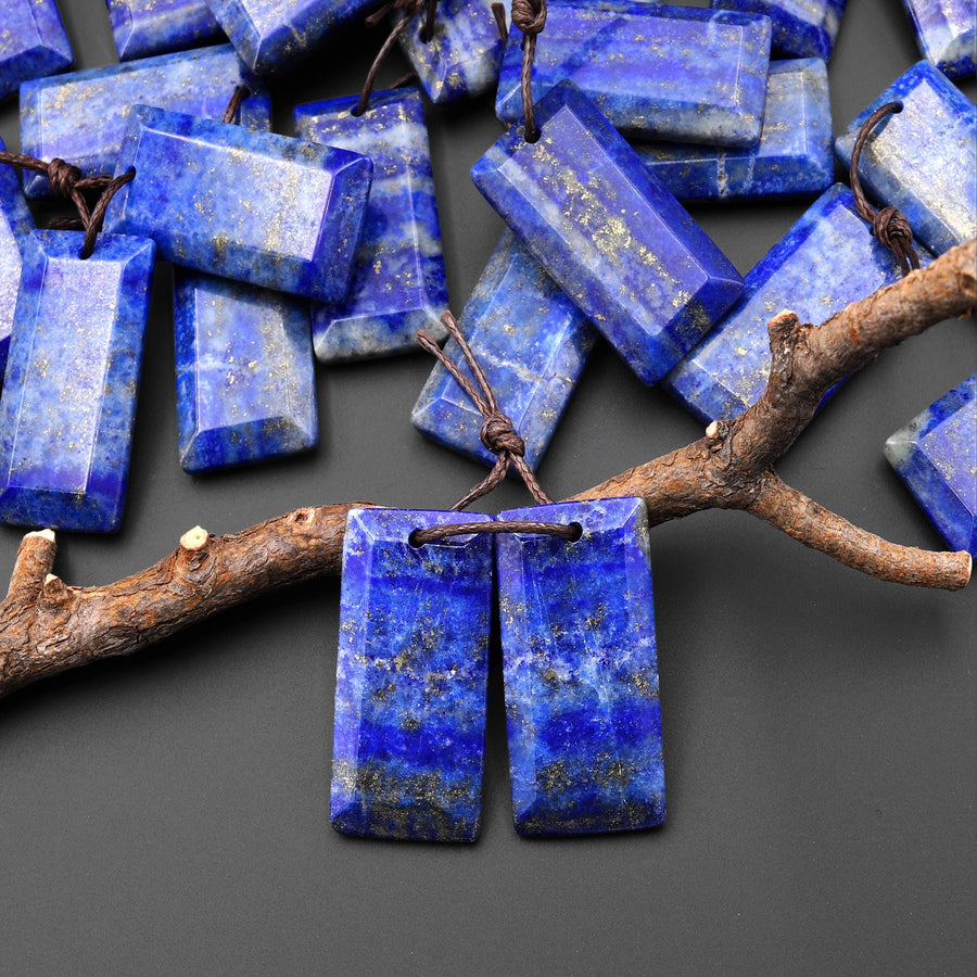Natural Blue Lapis Earring Pair Faceted Rectangle Tile Matched Gemstone Beads