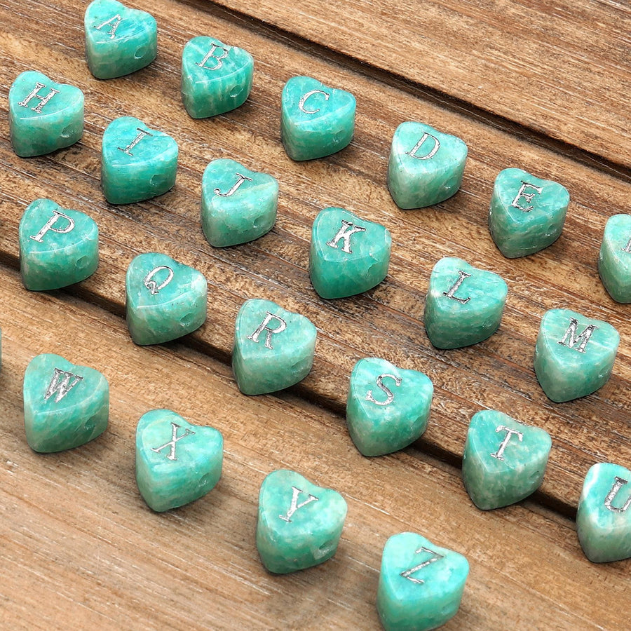 AAA Laser Engraved Drilled Natural Peruvian Sea Blue Green Amazonite Heart Beads 8mm Choose from 26 Alphabet Letters Name Initial