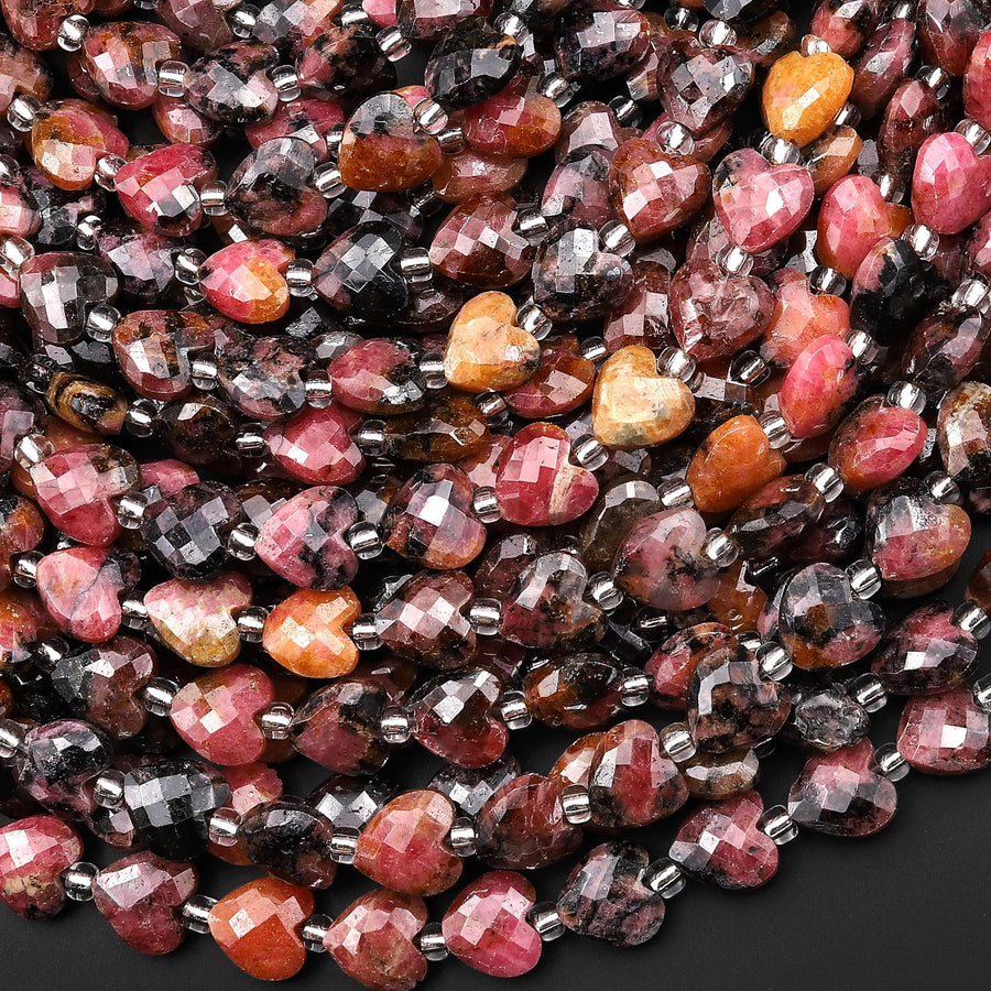 AAA Faceted Natural Spessartine Garnet in Rhodonite Beads 8mm Heart Gemstone 15.5" Strand