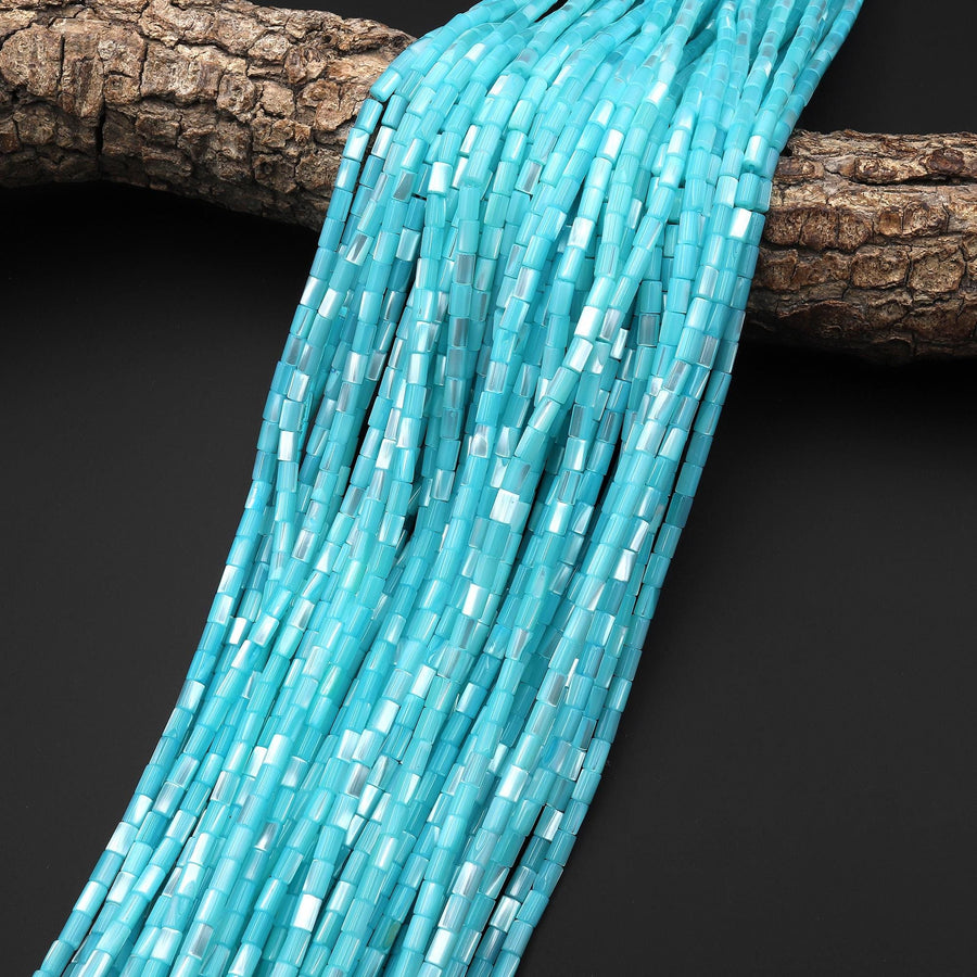 Iridescent Blue Mother of Pearl 3x5mm Tube Cylinder Beads 15.5" Strand