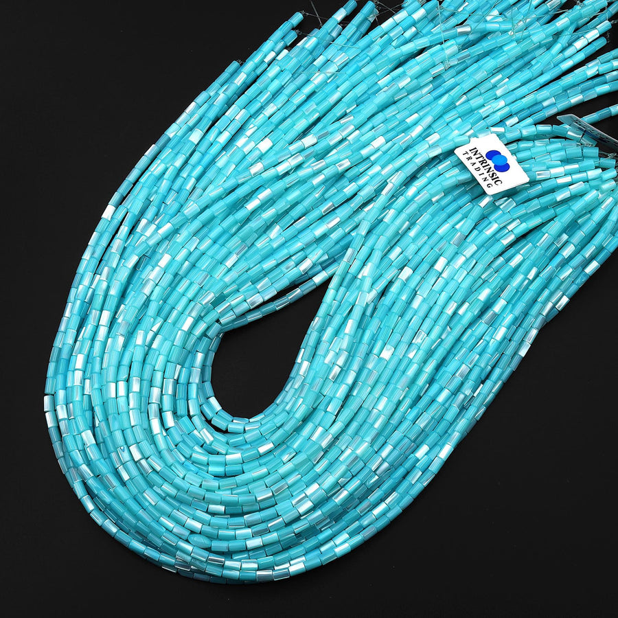 Iridescent Blue Mother of Pearl 3x5mm Tube Cylinder Beads 15.5" Strand