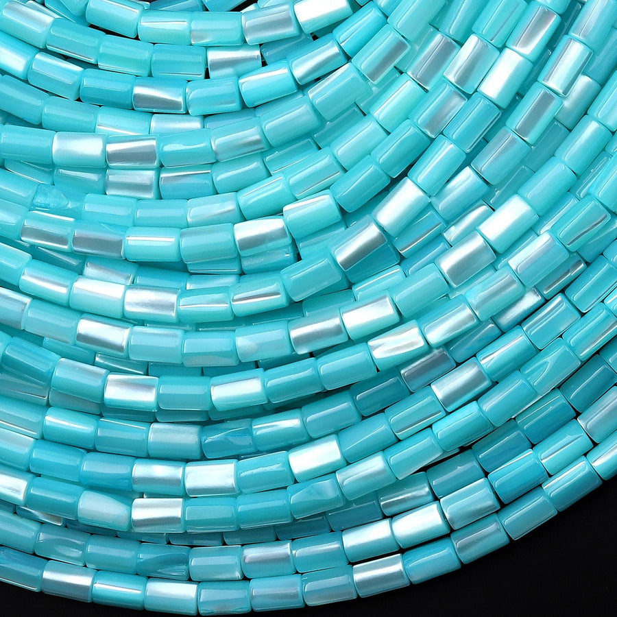 Iridescent Blue Mother of Pearl 3x5mm Tube Cylinder Beads 15.5" Strand