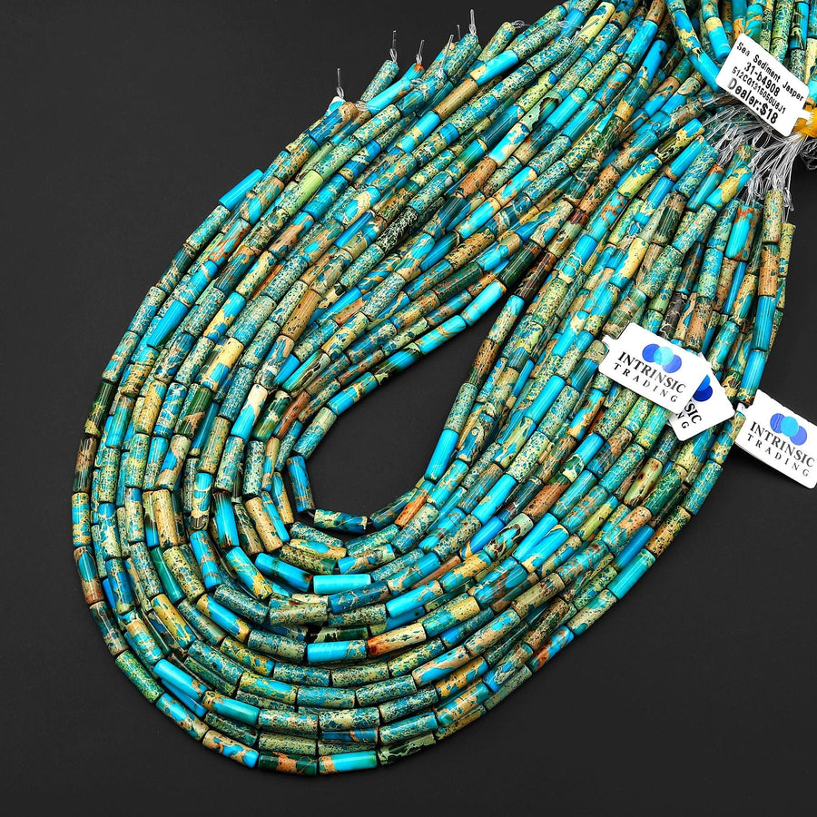 Turquoise Blue Sea Sediment Jasper Smooth Tube Cylinder Beads 4x13mm Aka Impression Imperial Jasper 15.5" Strand
