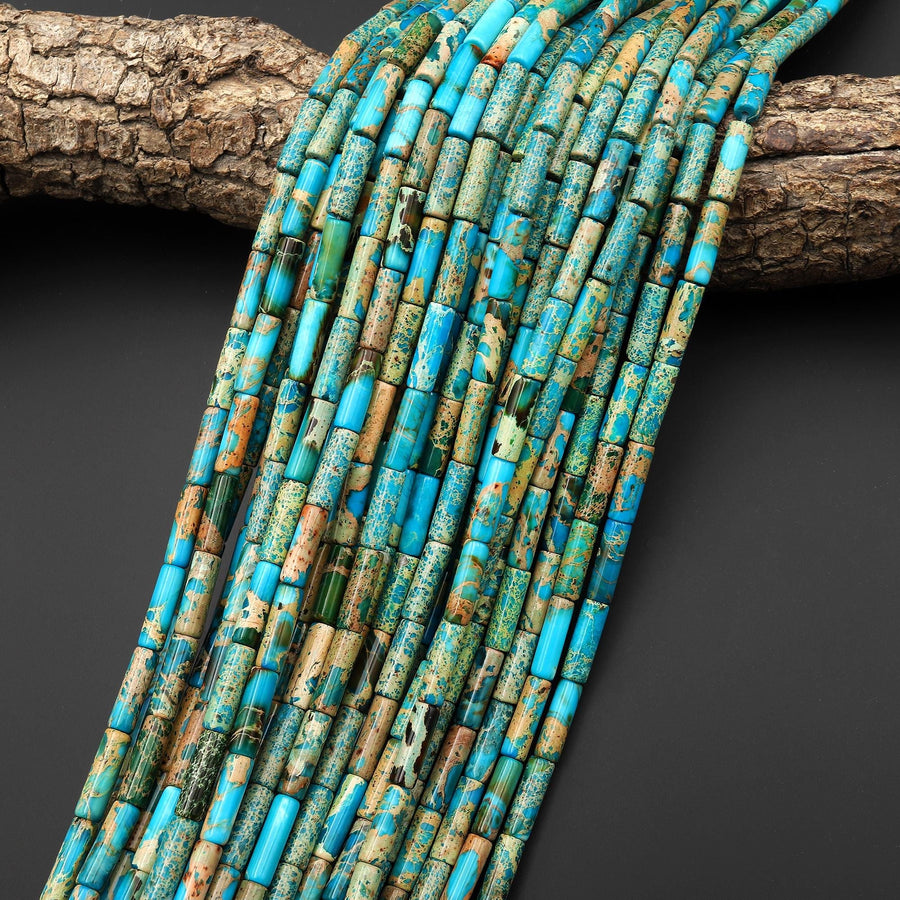 Turquoise Blue Sea Sediment Jasper Smooth Tube Cylinder Beads 4x13mm Aka Impression Imperial Jasper 15.5" Strand