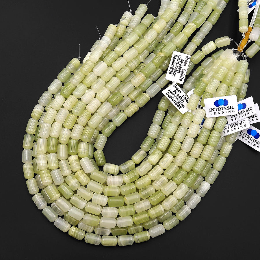 AAA Natural Mint Green Calcite Barrel Cylinder Beads 7x12mm Aka Afghanistan Jade 15.5" Strand