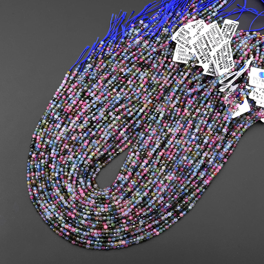 AAA Extra Translucent Faceted Natural Tourmaline 3mm Round Beads Pink Green Blue Gemstone 15.5" Strand