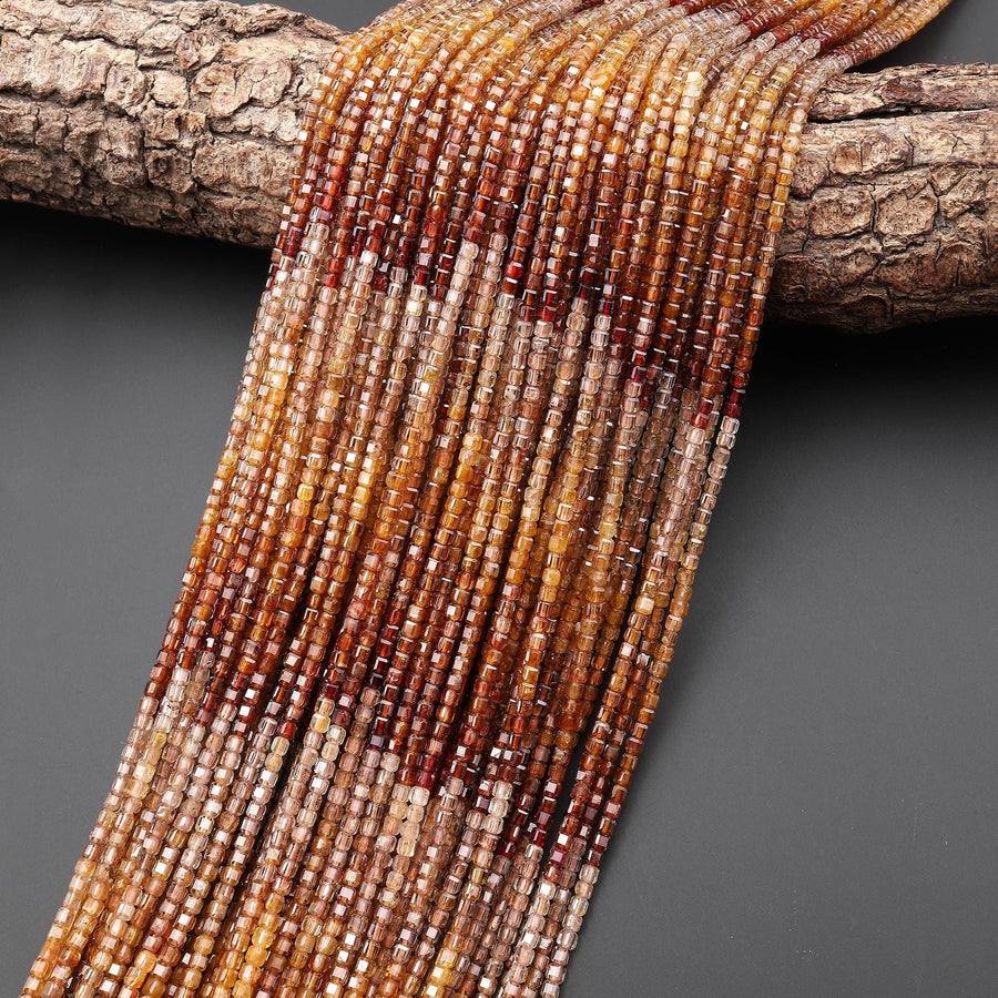 AAA Faceted Genuine Natural Zircon 2mm Cube Beads Champagne Gold Orange Red Brown Diamond Cut Ombre Gemstone 15.5" Strand