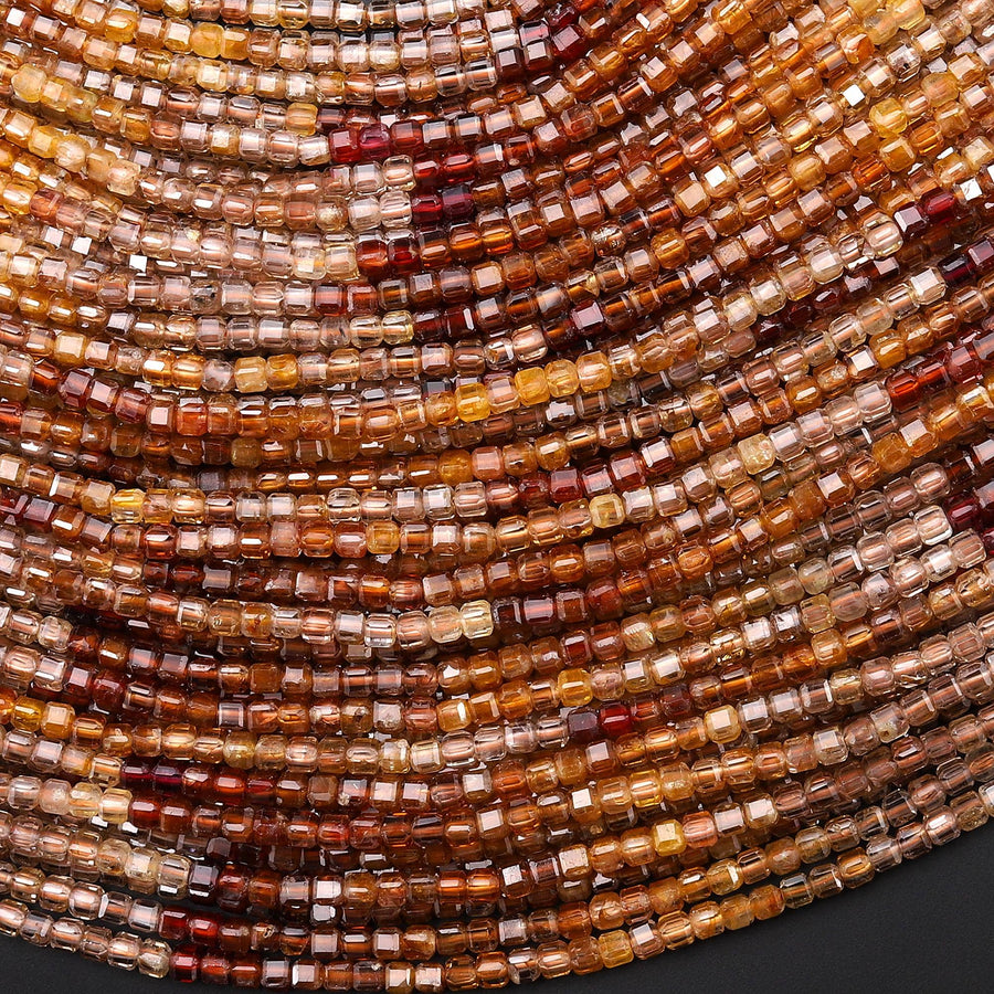 AAA Faceted Genuine Natural Zircon 2mm Cube Beads Champagne Gold Orange Red Brown Diamond Cut Ombre Gemstone 15.5" Strand