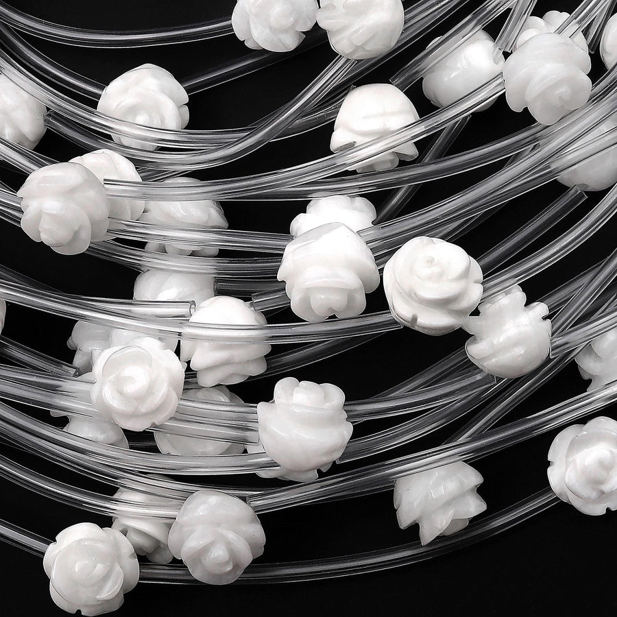 Natural White Jade Hand Carved Rose Flower Gemstone Beads 8mm 10mm 12mm Strand