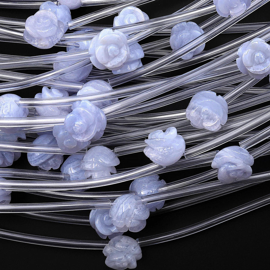 Natural Blue Lace Agate Chalcedony Hand Carved Rose Flower Gemstone Beads 8mm 10mm Strand