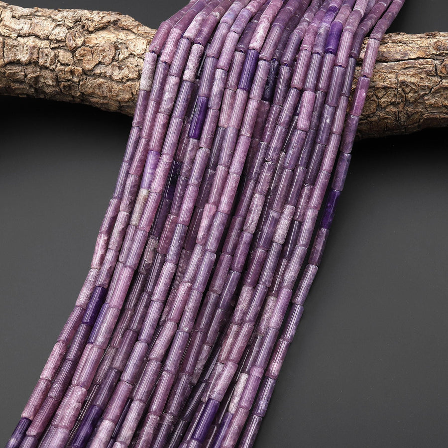 Natural Purple Lepidolite Mica Thin Long Tube Beads 15.5" Strand