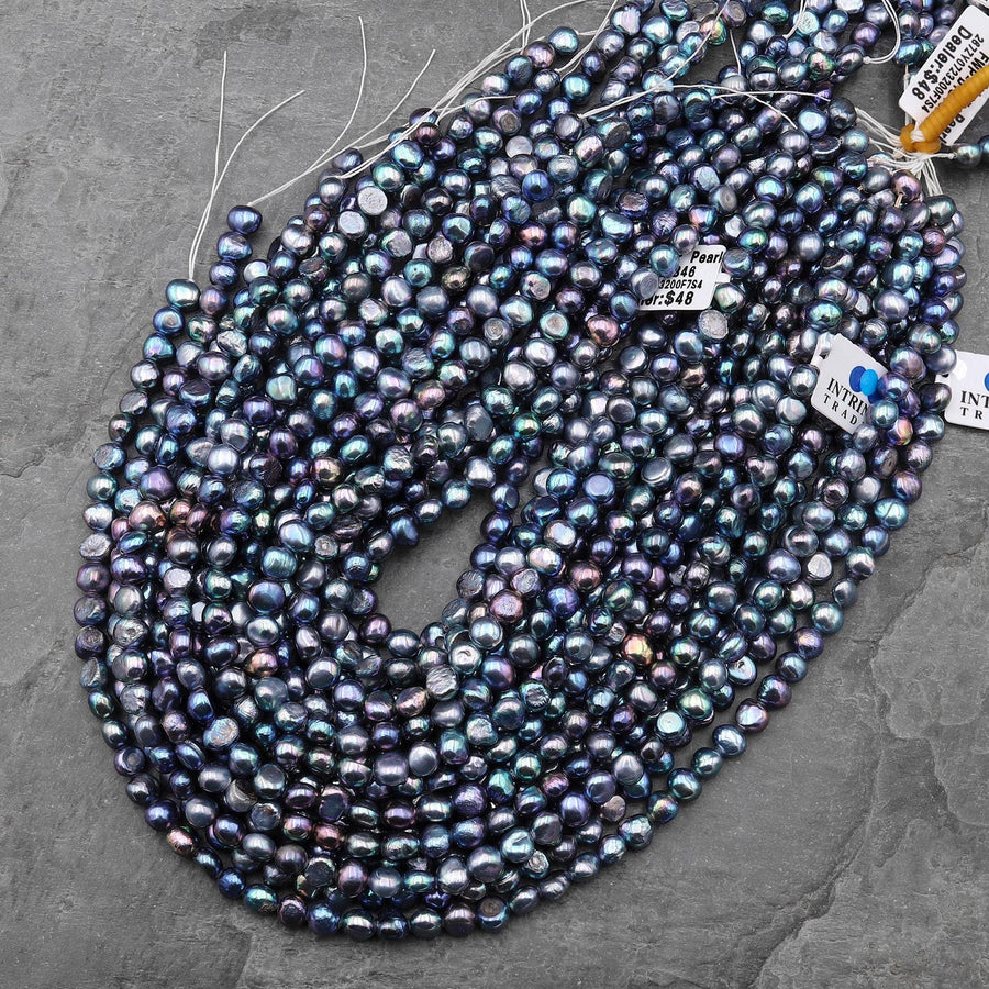 AAA Genuine Natural Peacock Freshwater Pearl Teal Violet Green Silver Blue 7mm 8mm Center Drilled Nugget Button Pearl 14" Strand