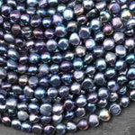 AAA Genuine Natural Peacock Freshwater Pearl Teal Violet Green Silver Blue 7mm 8mm Center Drilled Nugget Button Pearl 14" Strand