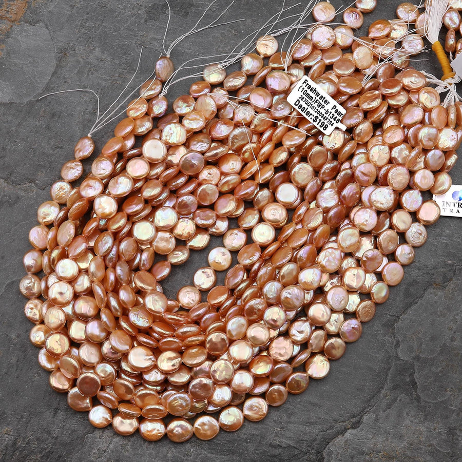 AAA+ Natural Metallic Golden Orange Peach Coin Pearl 10mm Iridescent High Quality Real Genuine Freshwater Pearl Beads 15.5" Strand